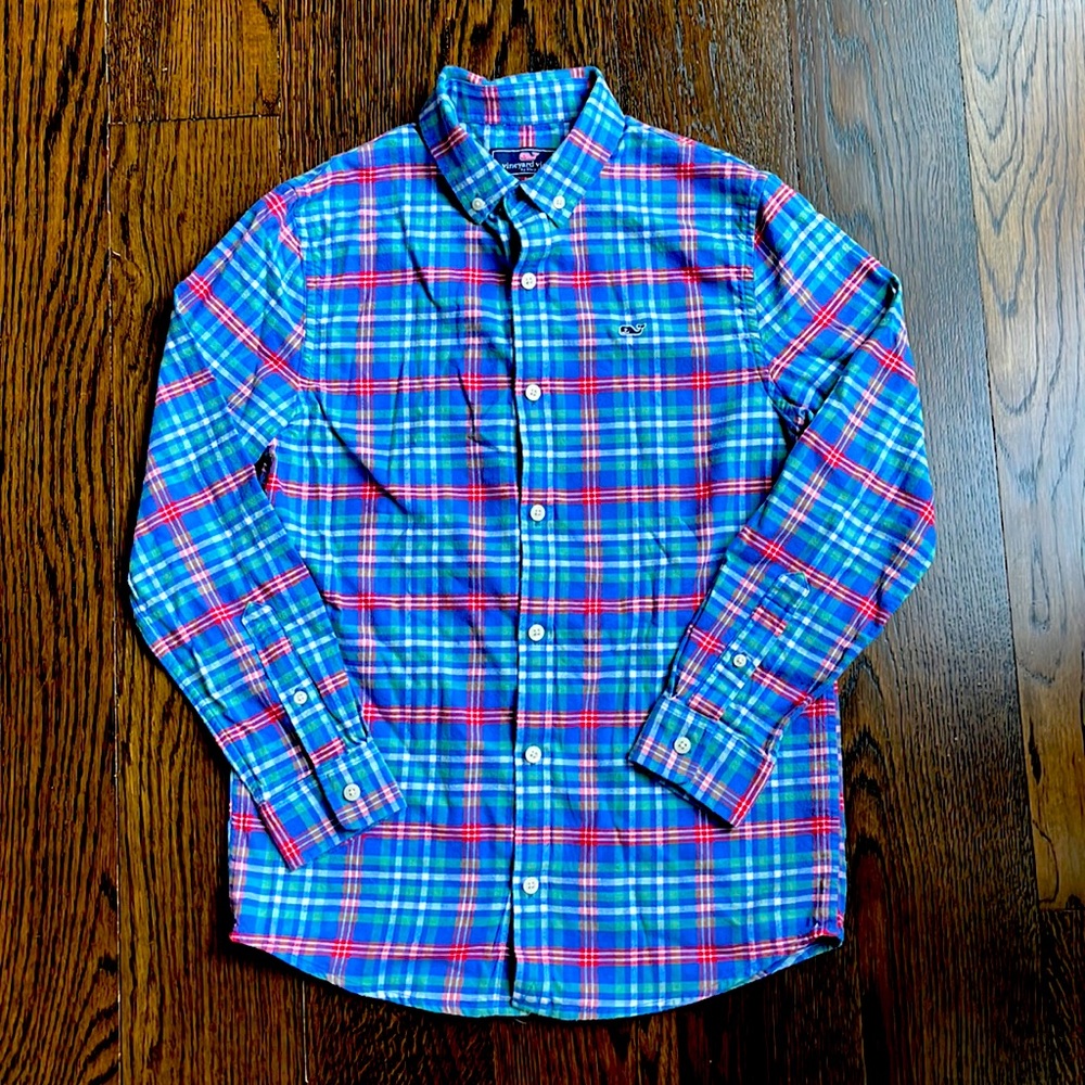 Boys Vineyard Vines Whale Shirt long sleeve brushed cotton plaid shirt. M 12-14.